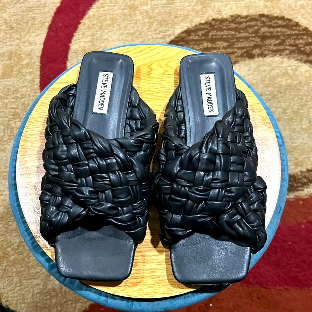 Steve Madden Square Toe Leather Woven Sandals